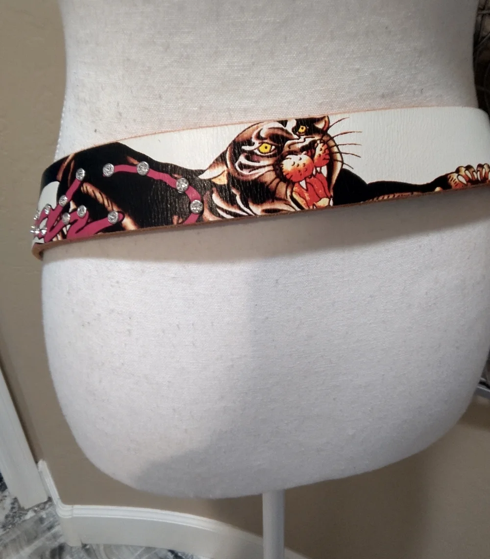 Ed Hardy TIGER Vintage White Belt with Pink Accents, Studs and Rhinestone Buckle